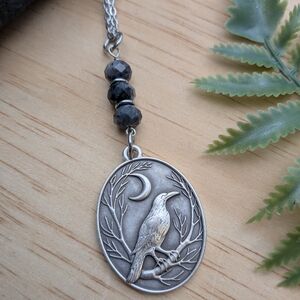 Beaded Raven Moon Pendant Necklace With Obsidian Beads - Women's Jewelry